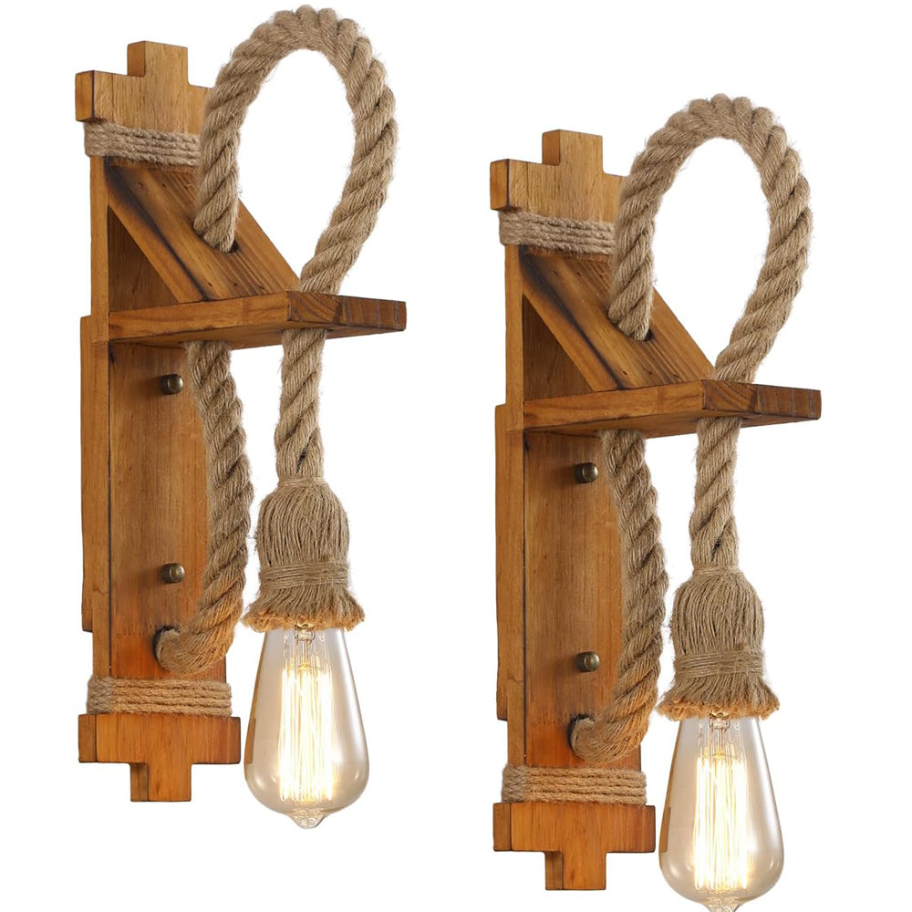 SEEBLEN Wall Sconces Set of Two Farmhouse Wooden Wall Sconce with Natural Hemp Rope,Boho Wall Lamps for Bedroom Beside Living Room Fireplace