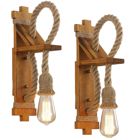 SEEBLEN Wall Sconces Set of Two Farmhouse Wooden Wall Sconce with Natural Hemp Rope,Boho Wall Lamps for Bedroom Beside Living Room Fireplace