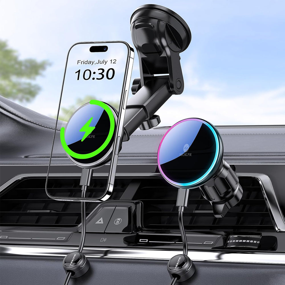 MOKPR 15W MagSafe Car Mount Charger – Black Wireless Dashboard & Vent Holder