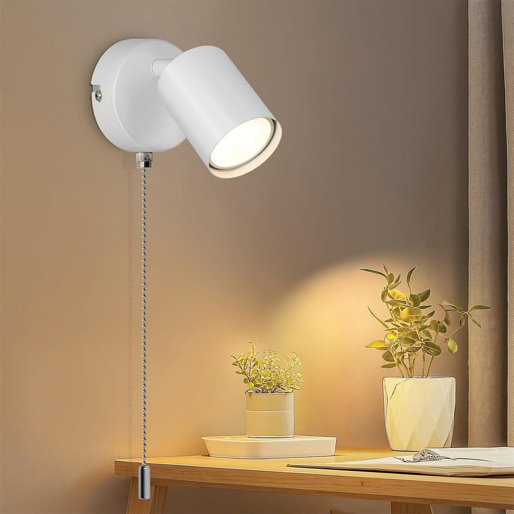 Modern Adjustable Indoor Wall Lamp - with Pull Cord Switch - White Wall Spotlight Fixtures - Wall Sconces for Bedroom Bedside Hallway - Bulb Not Included