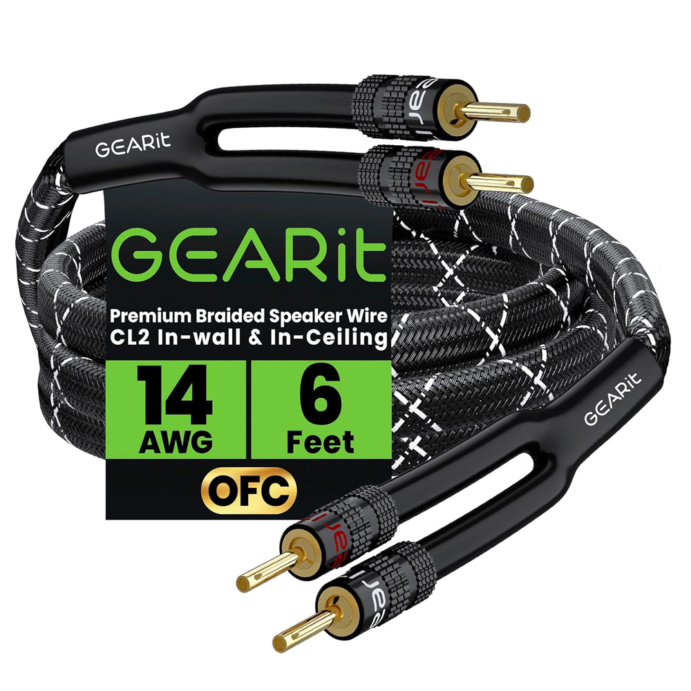 2x2.5mm≤ Speaker Wire with Banana Plugs (1.821 Meters - Black) OFC Oxygen-Free Copper, CL2 In-Wall Speaker Cable, Heavy-Duty Braided - 14 Gauge AWG, 6 Feet