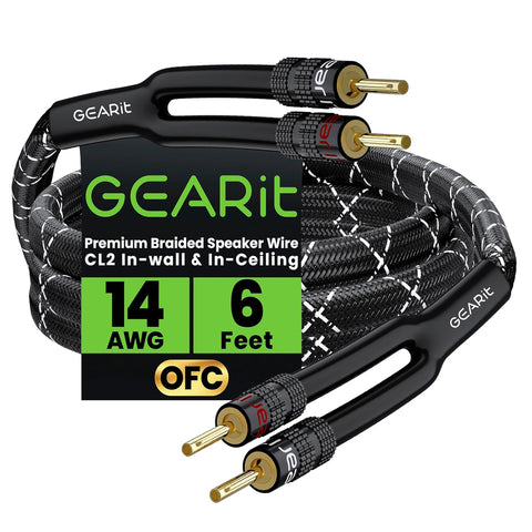 2x2.5mm≤ Speaker Wire with Banana Plugs (1.821 Meters - Black) OFC Oxygen-Free Copper, CL2 In-Wall Speaker Cable, Heavy-Duty Braided - 14 Gauge AWG, 6 Feet