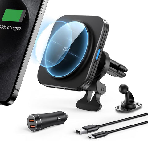 MagSafe Car Mount Charger 15W Fast Charge with 36W Dual USB-A Adapter Black