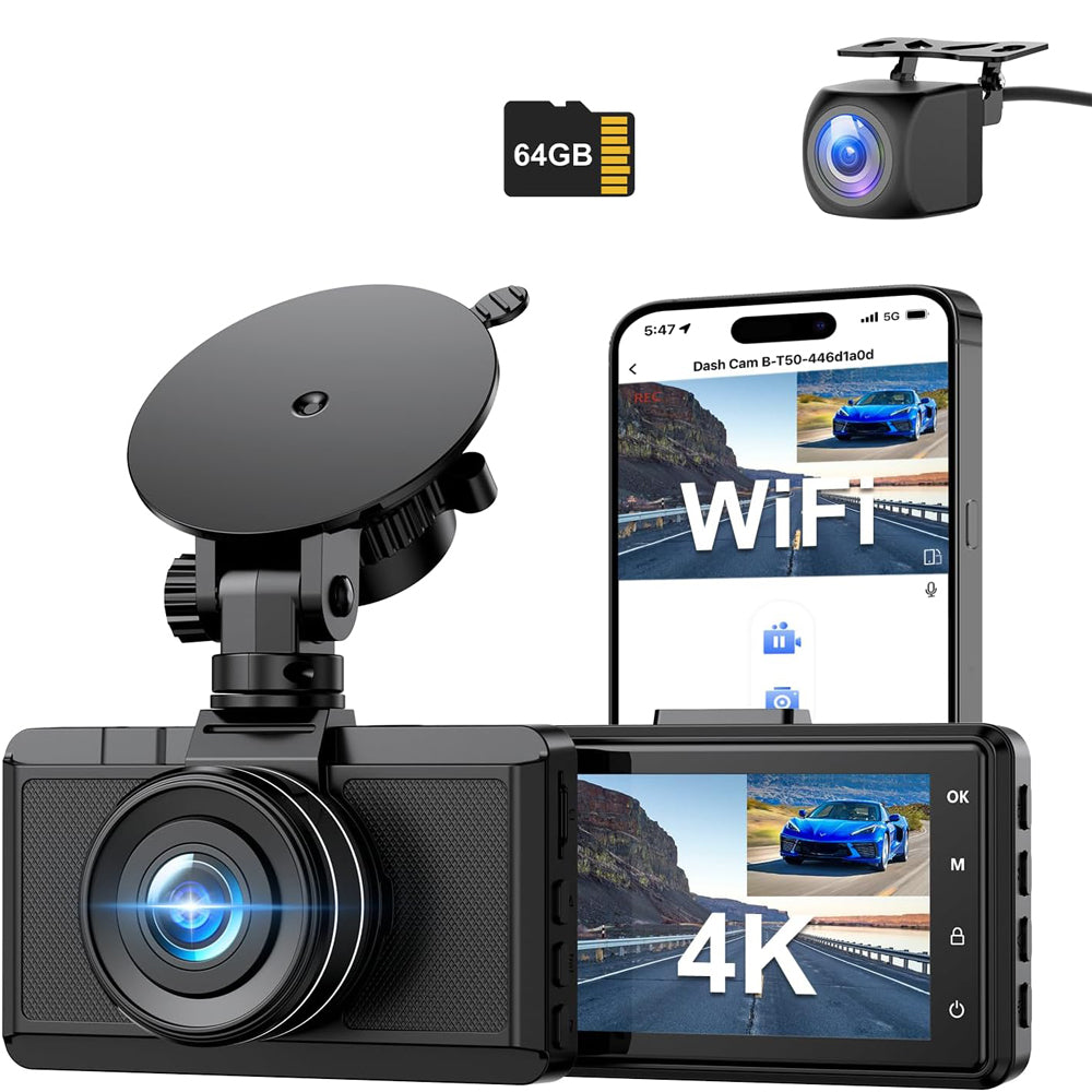 CHORTAU 4K+1080P Dash Cam Front & Rear with WiFi, 64GB, Night Vision