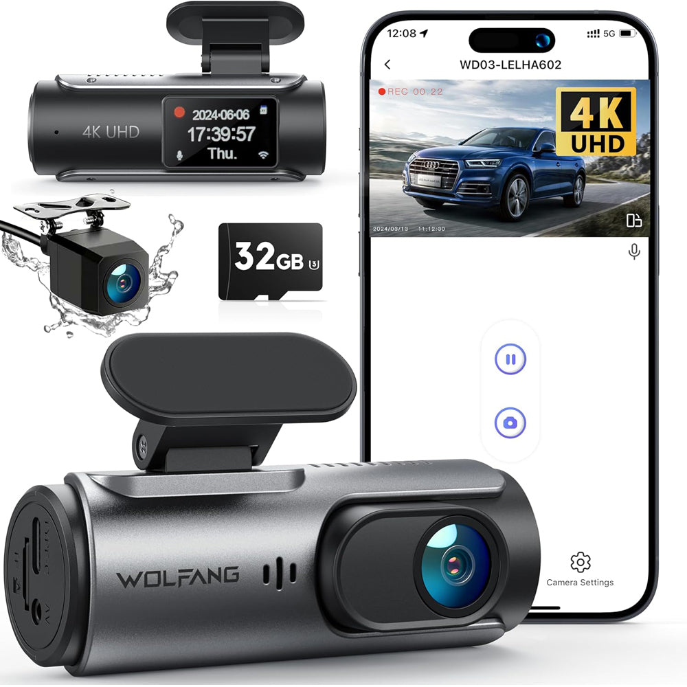 WOLFANG 4K Front & Rear Dash Cam with WiFi, Night Vision, Black