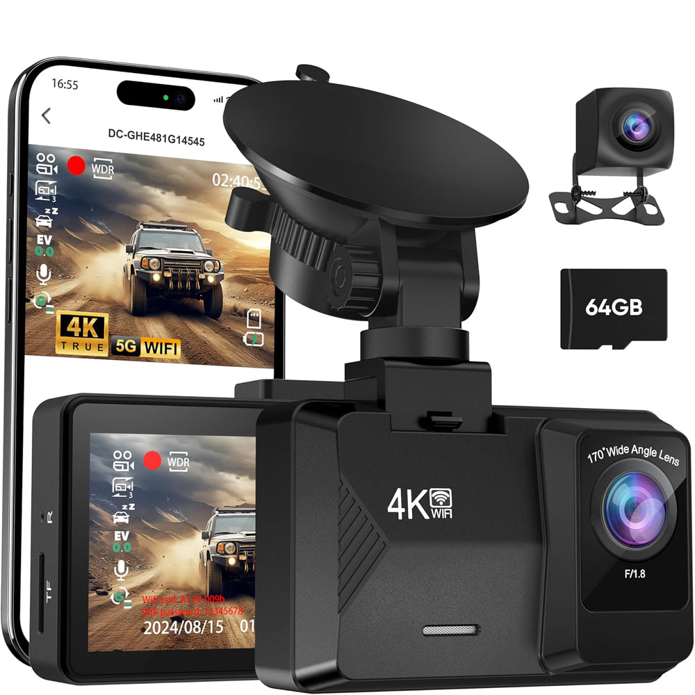 ORSKEY A12 4K+1080P Dash Cam with WiFi, Front & Rear Cameras, 64GB