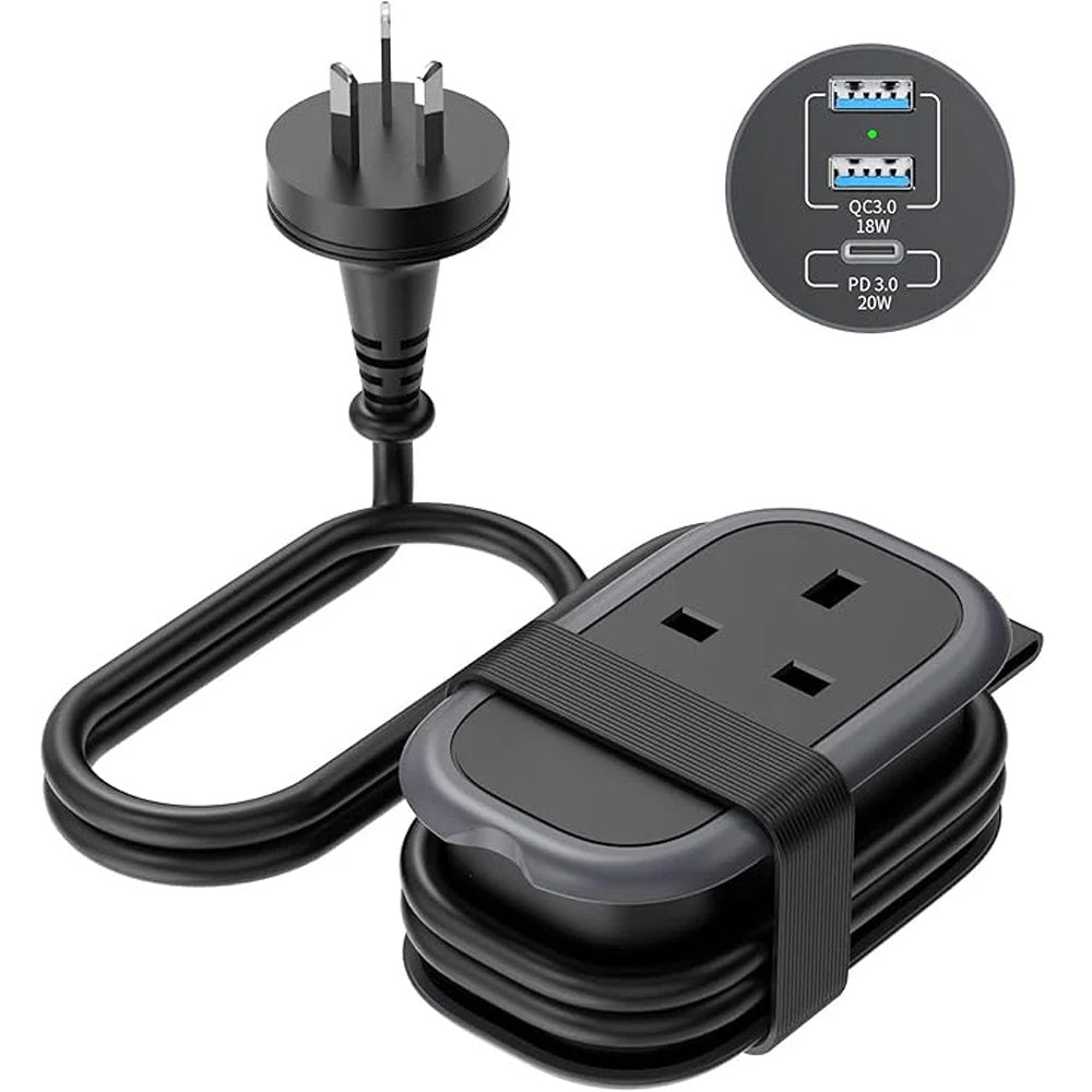 UK to Australia Plug Adapter with 1.06M Extension Lead, 38W PD Fast Charging, 2 USB-A & 1 USB-C Ports – Travel Adaptor Type I