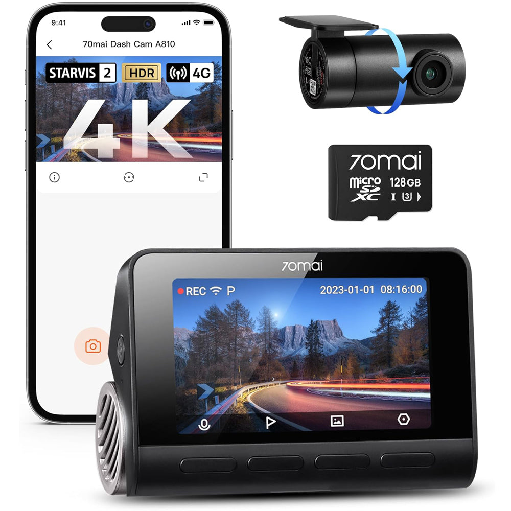 70mai 4K Dash Cam A810 Front & Rear with Night Vision, 128GB