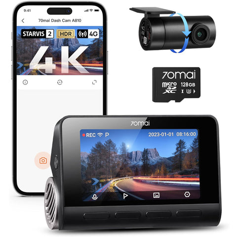 70mai 4K Dash Cam A810 Front & Rear with Night Vision, 128GB