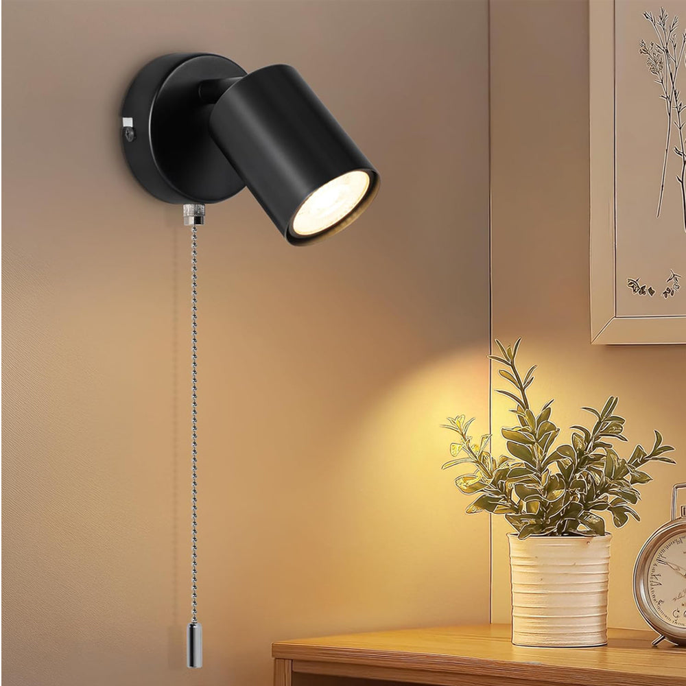 Adjustable Indoor Wall Lamp - GU10 Modern Wall Lights for Living Room - with Pull Cord Switch - Black Wall Spotlight Fixtures - Wall Sconces for Bedroom Bedside Hallway - Bulb Not Included