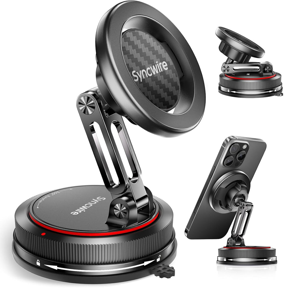 SYNCWIRE MagSafe Car Mount – 2-Axis Suction Magnetic Holder, Gloss Black