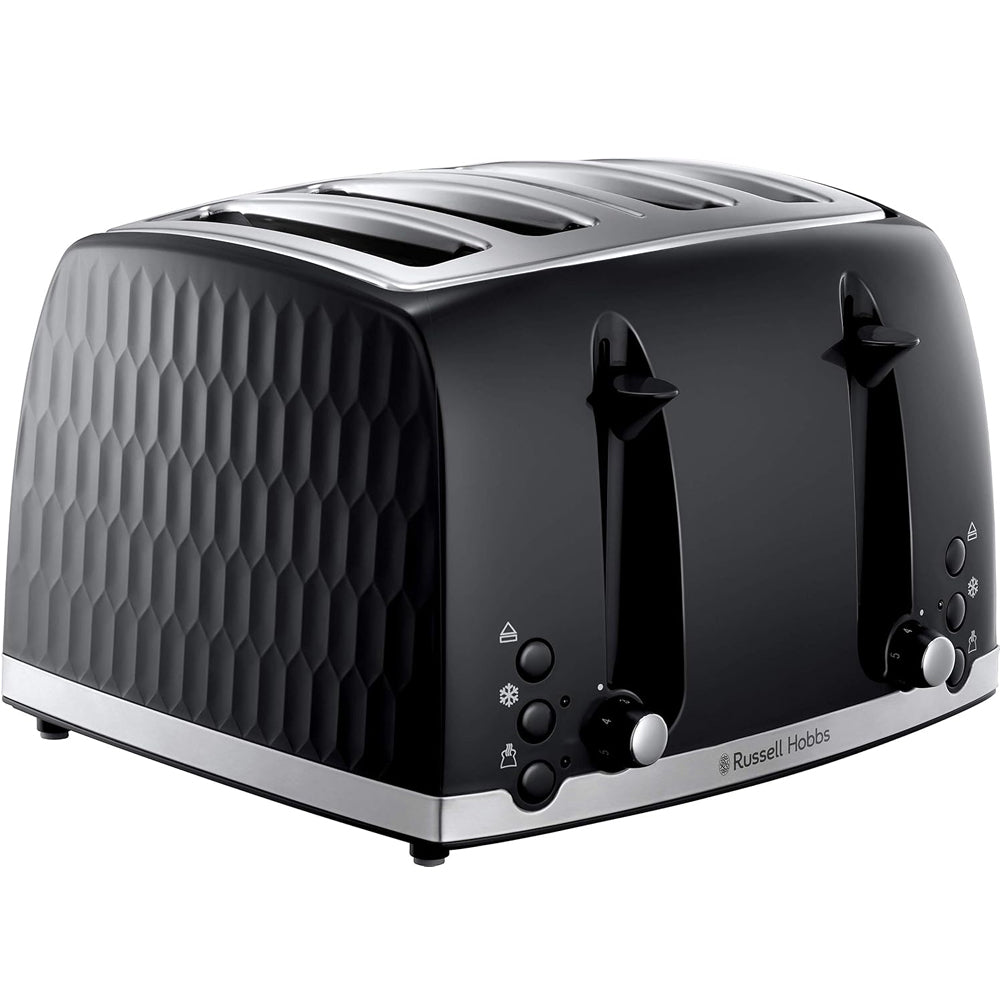 Russell Hobbs Honeycomb 4 Slice Toaster – Extra Wide Slots, 6 Browning Levels, High Lift, Frozen/Cancel/Reheat, 1500W, Black Gloss Finish