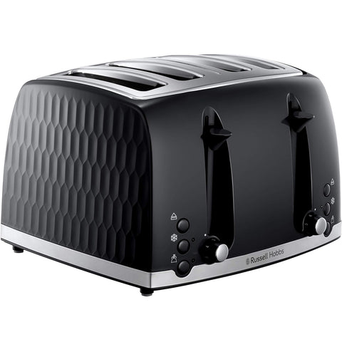 Russell Hobbs Honeycomb 4 Slice Toaster – Extra Wide Slots, 6 Browning Levels, High Lift, Frozen/Cancel/Reheat, 1500W, Black Gloss Finish
