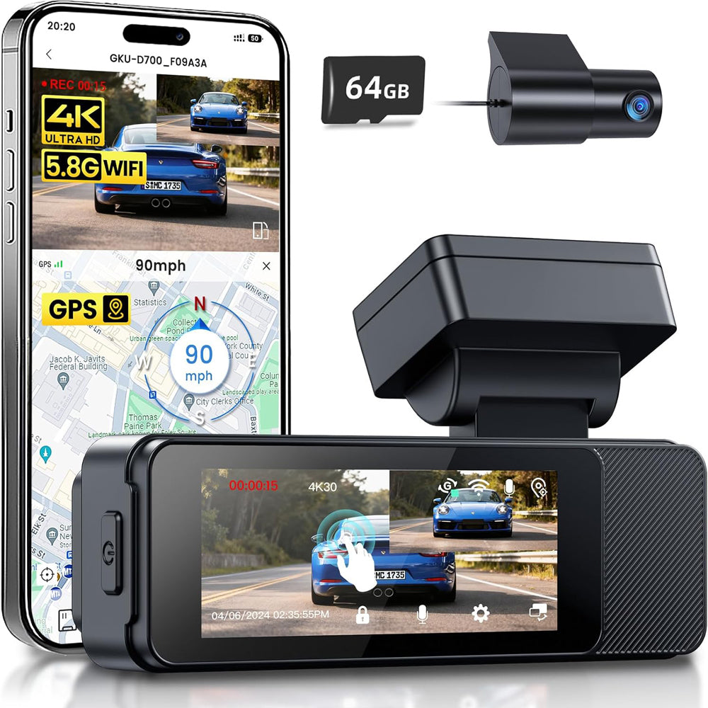 GKU 4K Front & Rear Dash Cam with 3.18" Touchscreen Black