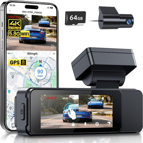 GKU 4K Front & Rear Dash Cam with 3.18" Touchscreen Black