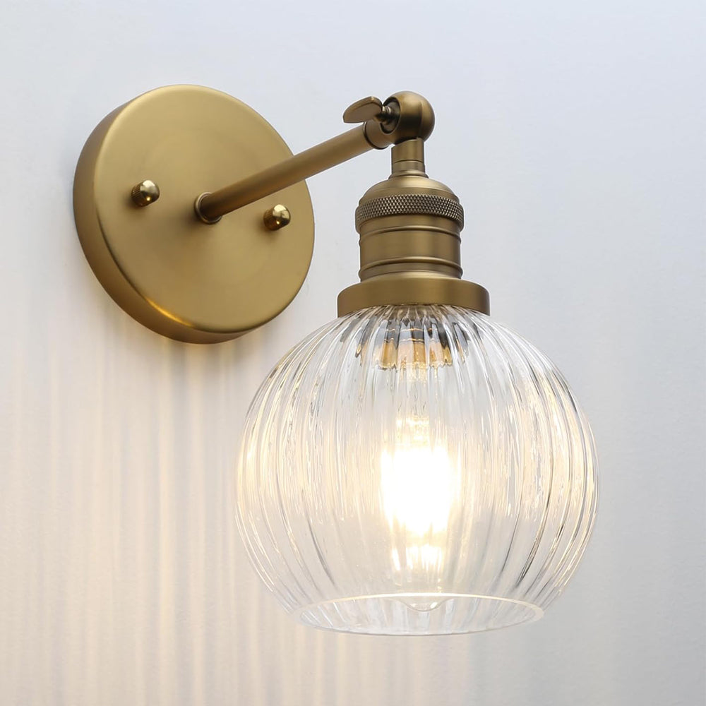 Vintage Wall Light Sconce with Clear Striped Glass Globe Shade, Modern Indoor Wall Vanity Light Fixture for Bathroom Living Room Bedroom