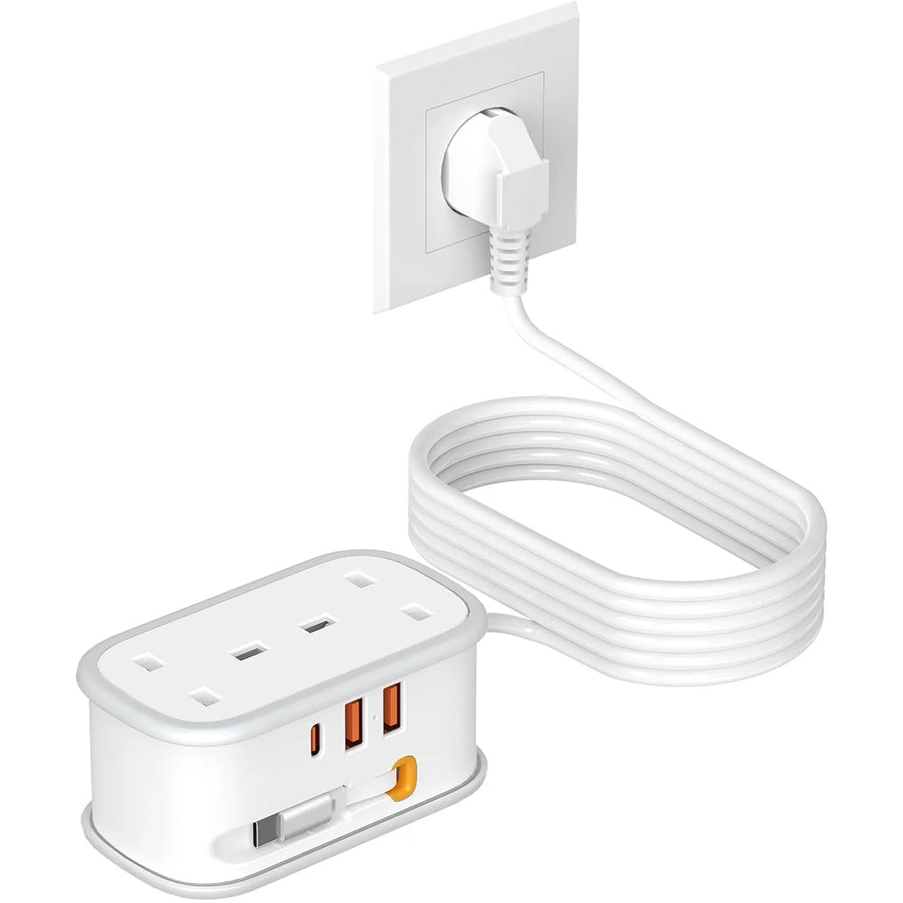 UK to US Plug Adapter with 1.5M Extension Cable, 2 Way Outlets, 3 USB Ports & Retractable USB-C Cable – Type B Travel Adaptor
