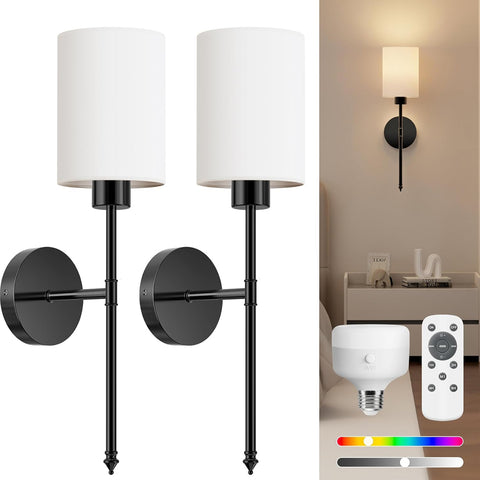 Battery Operated Wall Lights, Black Wireless Rechargeable Wall Lights with 5200mAh Dimmable Detachable Bulbs and Remote, 9 Colours Sconces Wall Decor for Bedroom Living Room Hallway