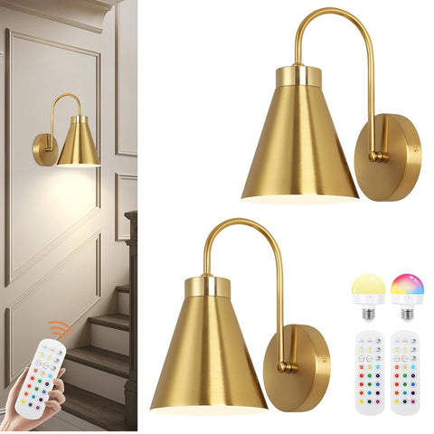 Battery Operated Gold Wall Lights with Remote RGB 2 Pack
