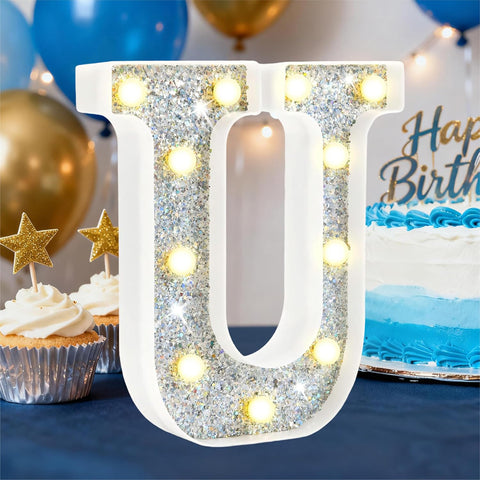 U Style Silver LED Marquee Letter Light, Battery Powered Decorative Night Lamp for Home, Party, Wedding and Event Decor