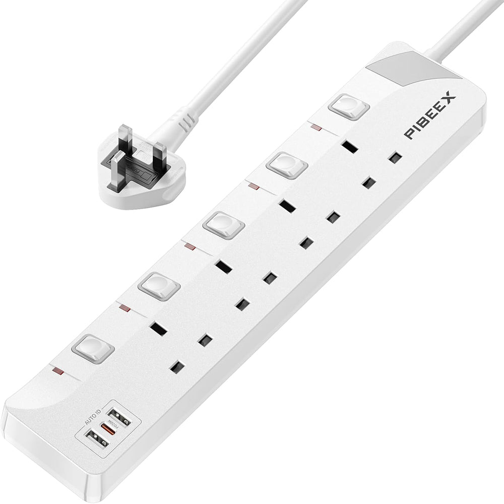 Extension Lead with USB Slots, Plug Extension Socket with Individual Switches, 4 Way Extension Lead with 1 USB C (PD 20W) and 2 USB A, 2 Meters Wall Mounted Extension Cable 13A 3250W for Home