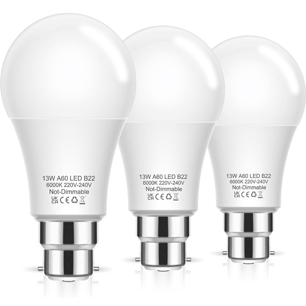 Bayonet Light Bulbs, 100W Equivalent B22 LED Bulbs Bayonet, 6000K Cool White, 1200LM, 13W Daylight Bulbs BC GLS A60 Energy Saving for Chandelier, Living Room, Non-dimmable, Pack of 3 [Energy Class F] Visit the Flaspar Store