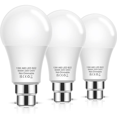 Bayonet Light Bulbs, 100W Equivalent B22 LED Bulbs Bayonet, 6000K Cool White, 1200LM, 13W Daylight Bulbs BC GLS A60 Energy Saving for Chandelier, Living Room, Non-dimmable, Pack of 3 [Energy Class F] Visit the Flaspar Store