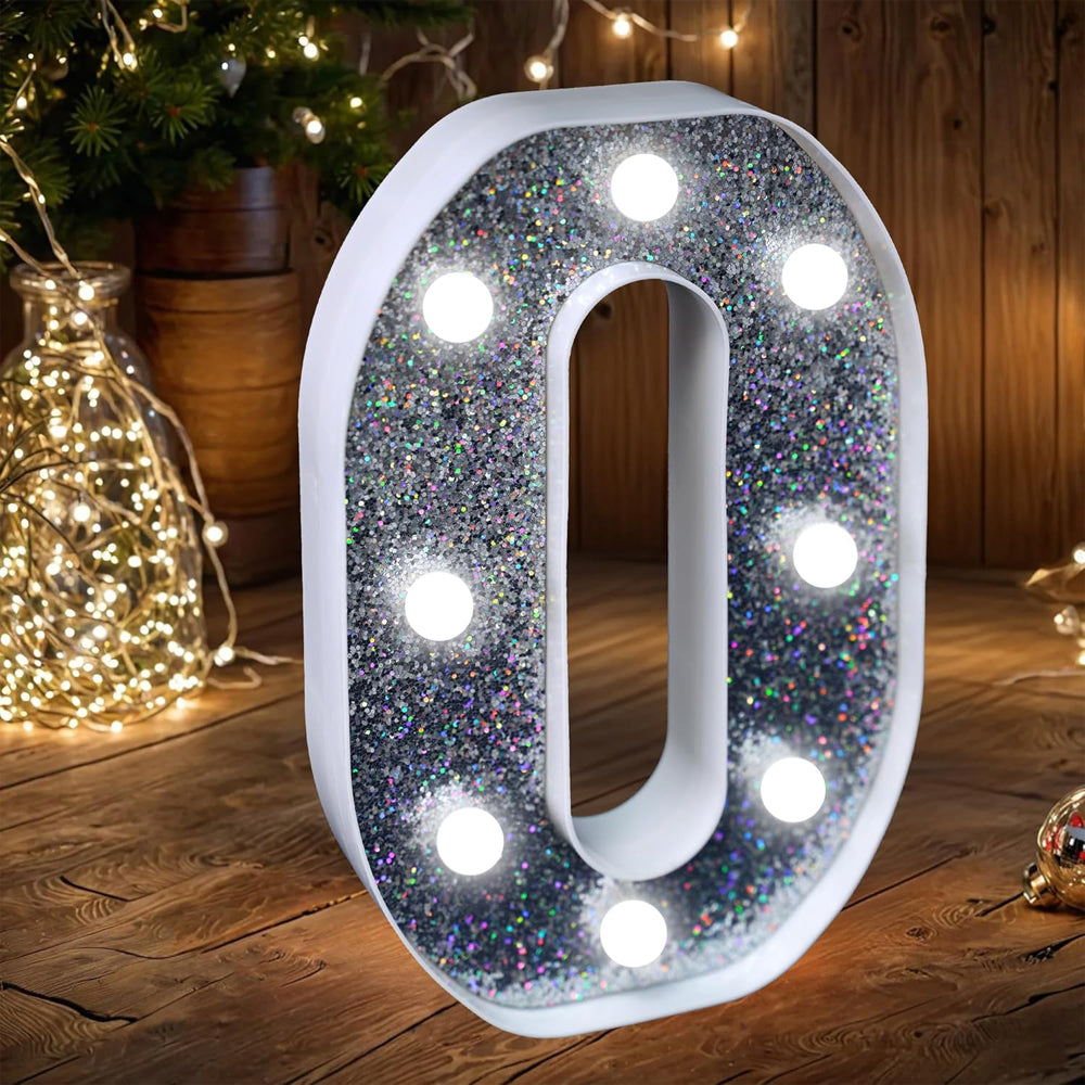 Letter O Style LED Marquee Lamp, Silver Glitter Light Up Letter Sign, Battery Powered Tabletop Decorative Marquee Light with On/Off Switch for Wedding, Birthday, Party and Home Decor