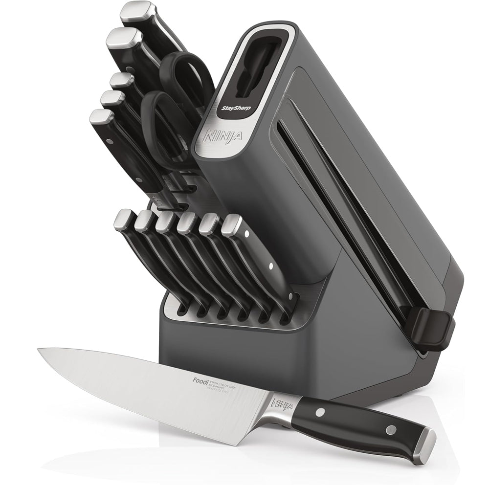 Foodi StaySharp 14-Piece Deluxe Knife Block Set with Built-in Sharpener – Premium German Stainless Steel – Black