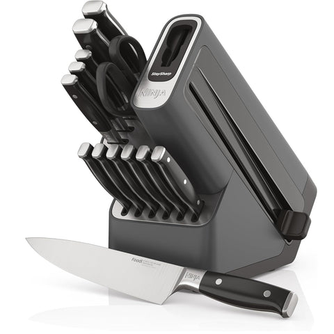 Foodi StaySharp 14-Piece Deluxe Knife Block Set with Built-in Sharpener – Premium German Stainless Steel – Black