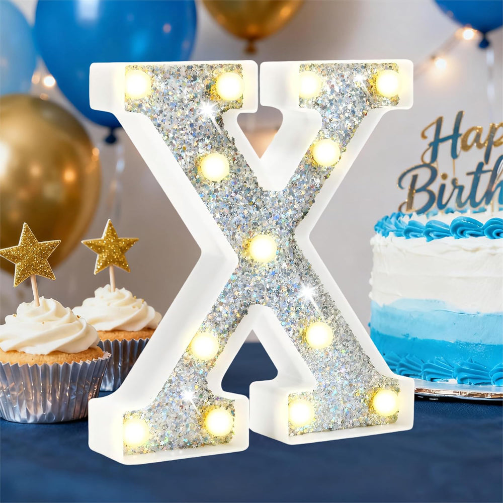 X Style Silver LED Marquee Letter Light, Battery Powered Decorative Night Lamp for Home, Party, Wedding and Event Decor