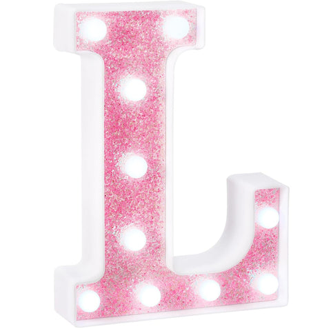 Pink Glitter Marquee Light Up Letters, Battery Operated LED Letter Lights Signs for Pink Birthday Party Table Decorations, Wall Decor for Girls Bedroom, Initial Letter L with Cool White Lights