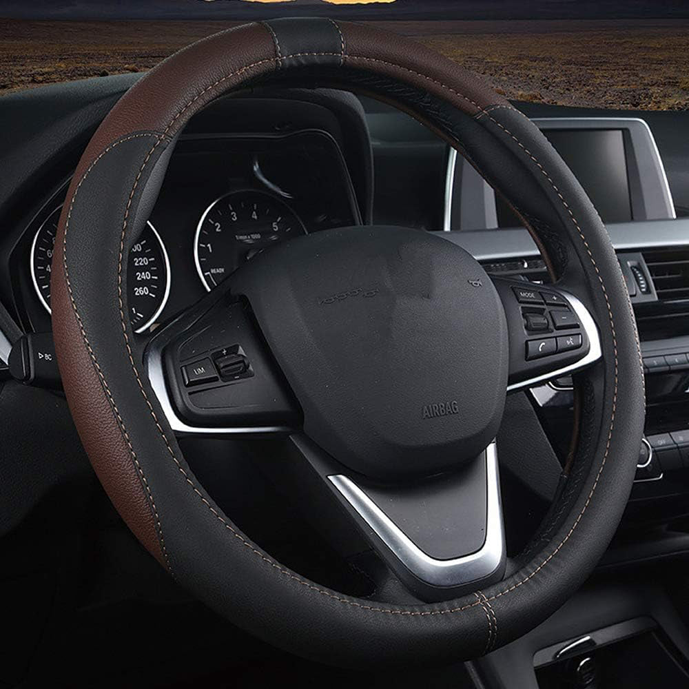 Leather Car Steering Wheel Cover Universal 15 Inch Black Coffee