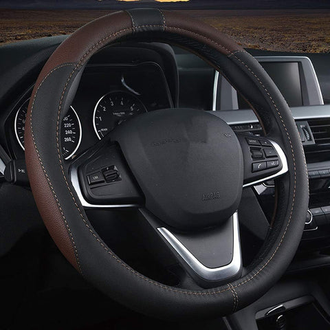 Leather Car Steering Wheel Cover Universal 15 Inch Black Coffee