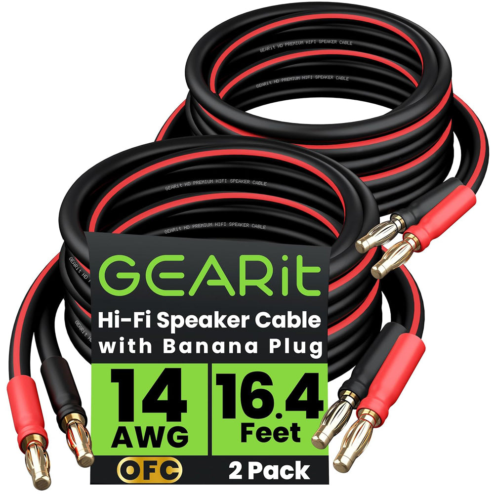 GearIT 14 AWG Speaker Cable with Banana Plugs (2 Pack, 6.6 Feet - 2 Meter) - 14Ga Gauge Banana Wire for Bi-Wire Bi-Amp HiFi Surround Sound - 99.9% OFC Copper, Gold Plated Tips - Black