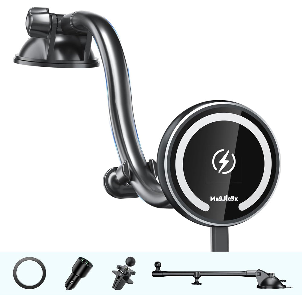 MagJIEYX MagSafe Car Mount Wireless Charger with Gooseneck Arm and 18W Adapter