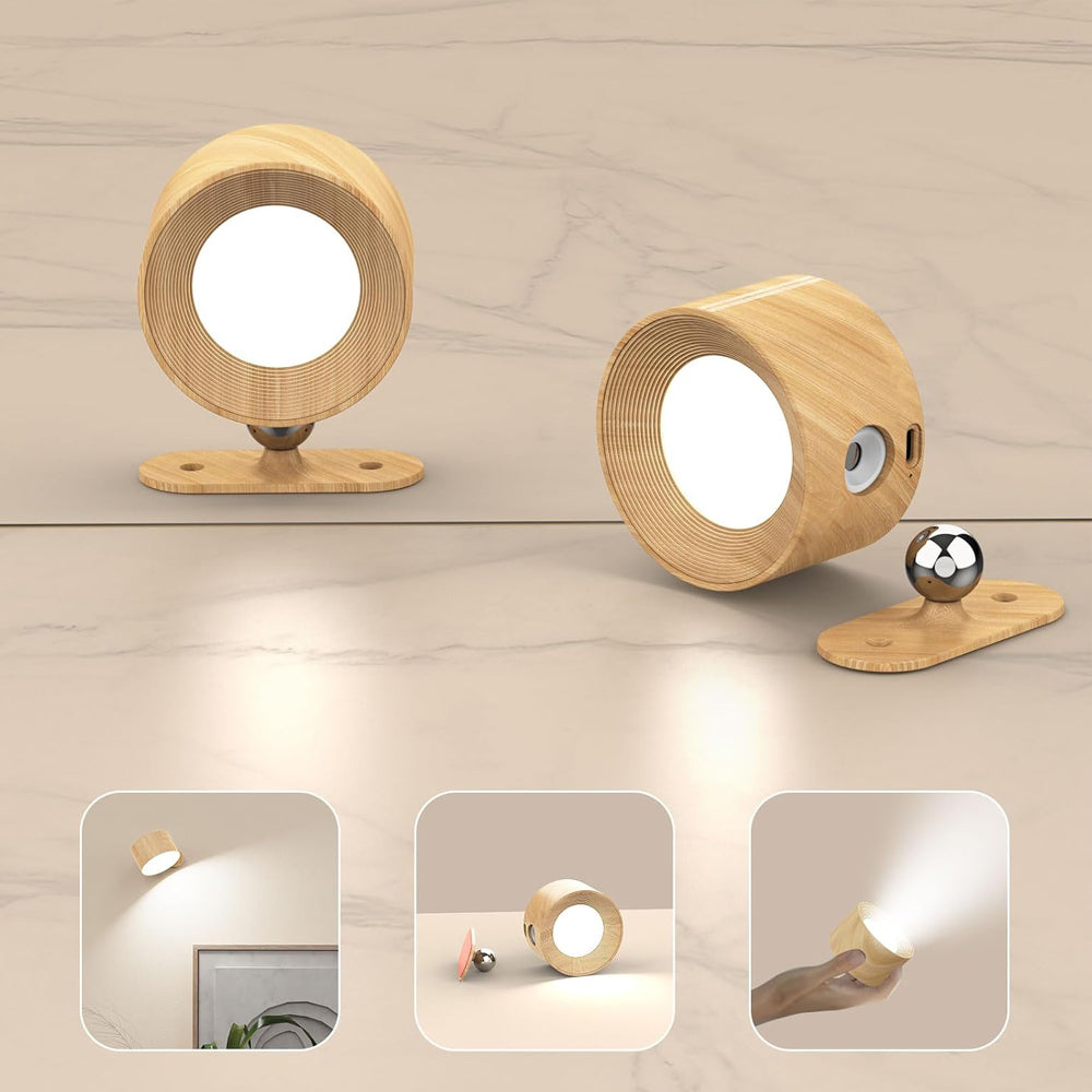 LED Battery Operated Wood Grain Wall Lights, 2Pack Wall Lamp with 3 Color Modes 3 Brightness Levels 360°Rotate Magnetic Touch Control, Reading Lights for Living Room Bedroom