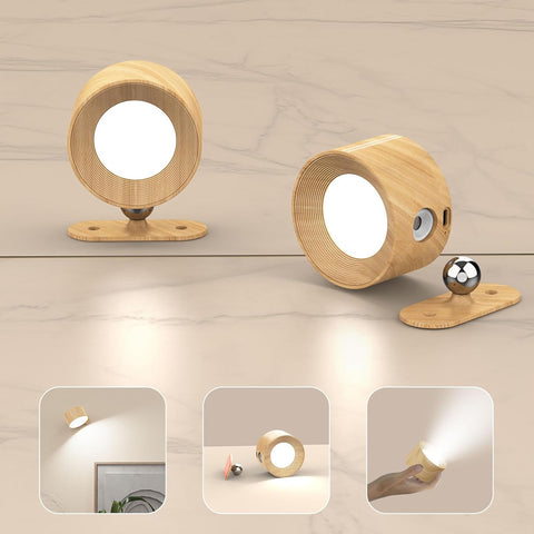 LED Battery Operated Wood Grain Wall Lights, 2Pack Wall Lamp with 3 Color Modes 3 Brightness Levels 360°Rotate Magnetic Touch Control, Reading Lights for Living Room Bedroom