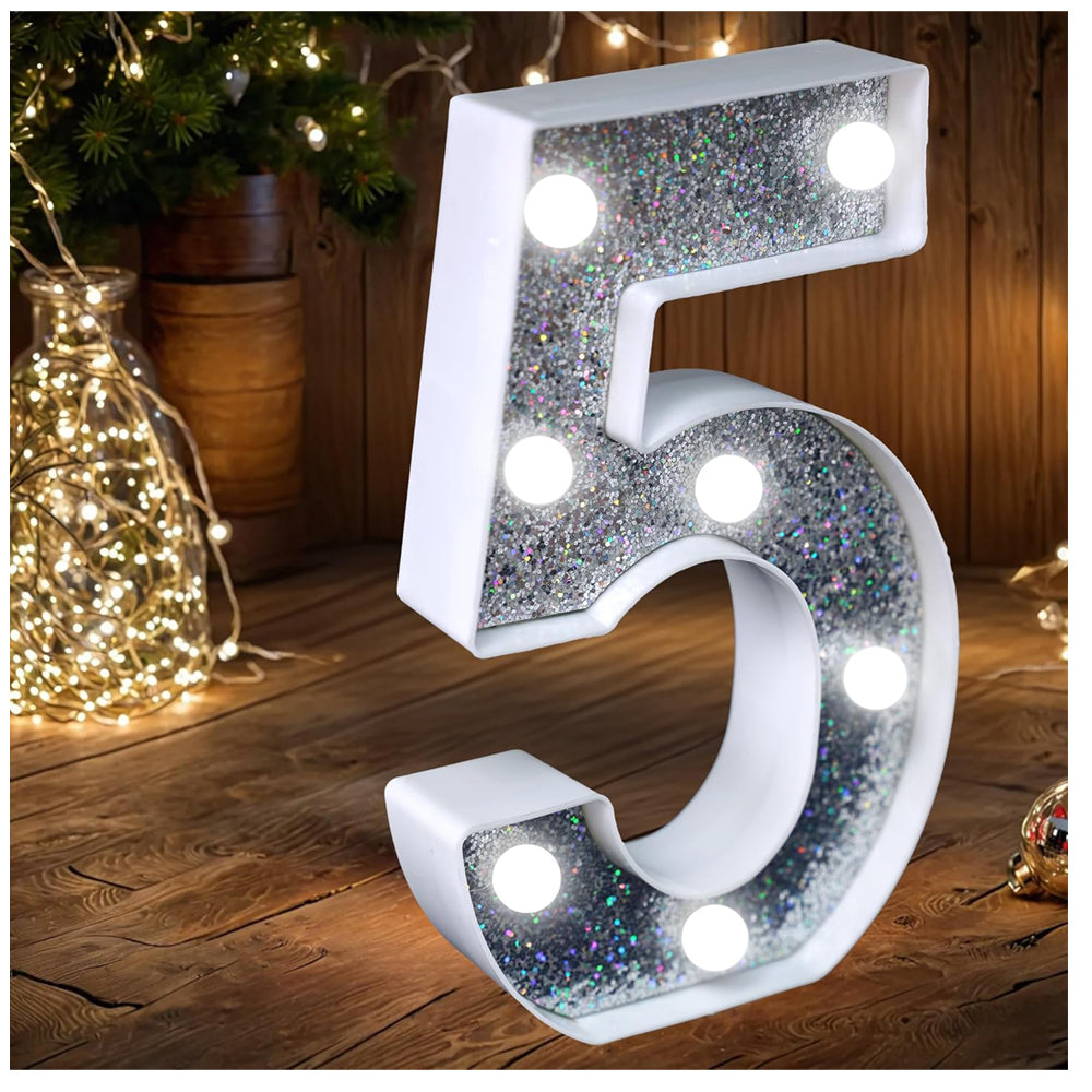 Silver Glitter LED Number Light 5 Battery Powered