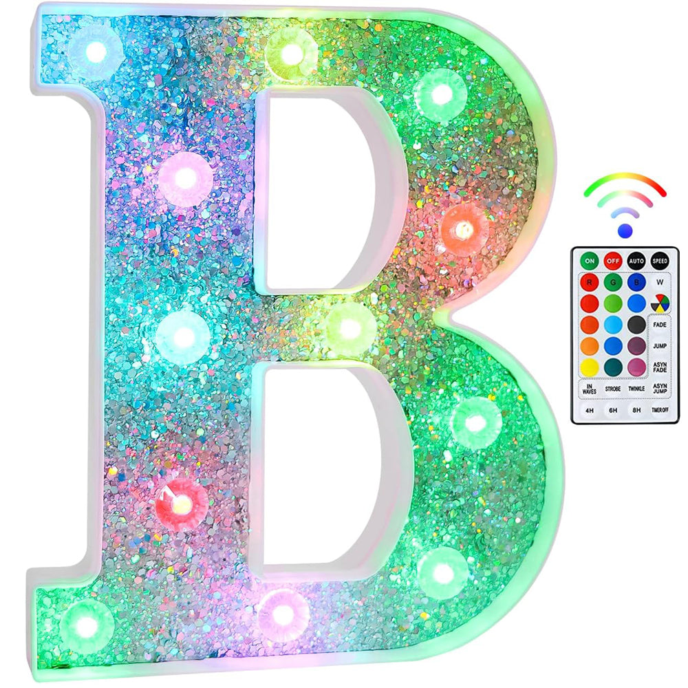 B Style Color Changing LED Letter Light, Glitter Marquee Lamp with 18 Colors, Remote Controlled, Battery Powered Decorative Letter Light for Party, Wedding, Birthday and Home Decor