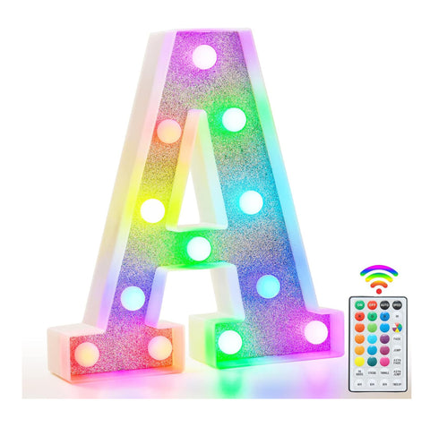 Colorful Light Up Letters, Glitter LED Letter Lights 18 Color Changing Shiny Alphabet Sign Gifts for Girls Women Party Birthday Decorations Remote Night Light Christmas Valentine Wall Table Decor - A