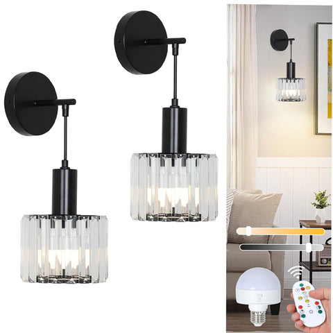 Battery Operated Wall Lights Set of 2 Black Crystal Indoor