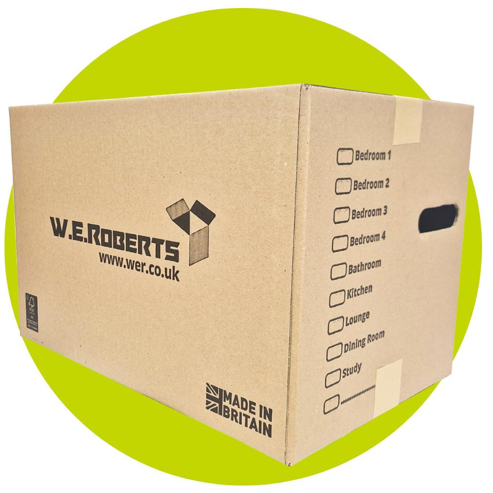 W.E. Roberts Strong Large Cardboard Moving House Boxes 45.7cm x 30.5cm x 25.4cm with Carry Handles and Room List Manufactured in the UK from FSC acredited materials. (15)