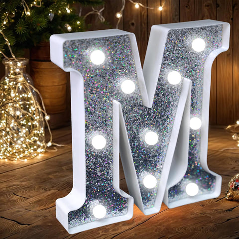 Letter M Style LED Marquee Lamp, Silver Glitter Light Up Letter Sign, Battery Powered Tabletop Decorative Marquee Light with On/Off Switch for Wedding, Birthday, Party and Home Decor