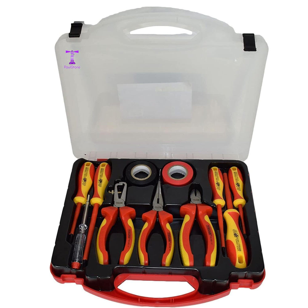 11PCS VDE Insulated Electricians Screwdriver Set with Tester, Pliers & Case – Red & Yellow Electrical Tool Kit UK