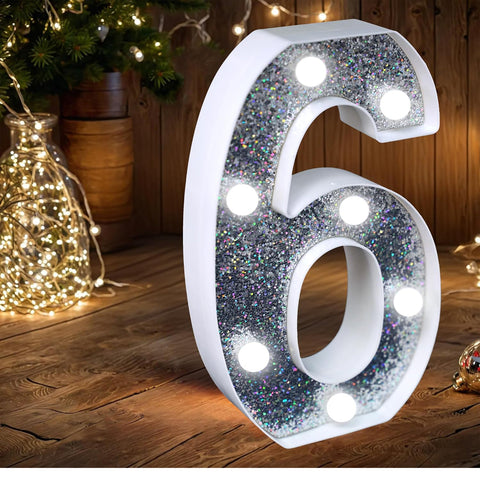 LED Number Light - Light Up Silver Glitter Number Lights Sign Perfect for use as a Night Light or at Wedding Birthday Party Home Decoration (Number 6) [Energy Class F]