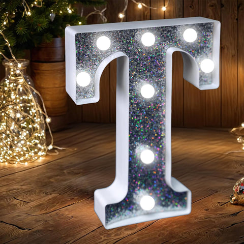 Letter T Style LED Marquee Lamp, Silver Glitter Light Up Letter Sign, Battery Powered Tabletop Decorative Marquee Light with On/Off Switch for Wedding, Birthday, Party and Home Decor