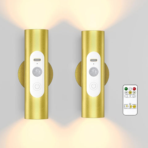 Motion Sensor Wall Lights with Remote Control - Rechargeable Battery Operated Wall Sconces Indoor, LED Wireless Magnetic Wall Lamp Set of 2 for Stairs, Hallway, Bedroom, Living Room, Gold