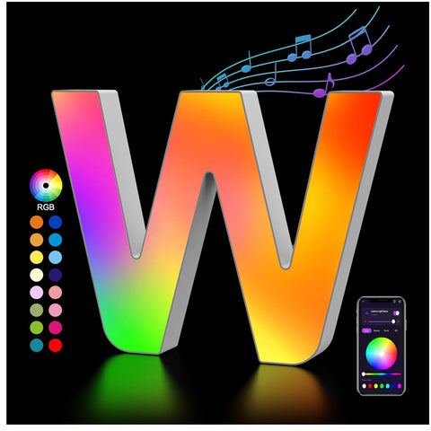 Light Up Letters USB Powered, LED Letter Lights Color Changing Alphabet Sign Gifts for Girls Women Party Birthday Decorations, APP Control, Night Light Christmas Valentine Wall Table Decor - W