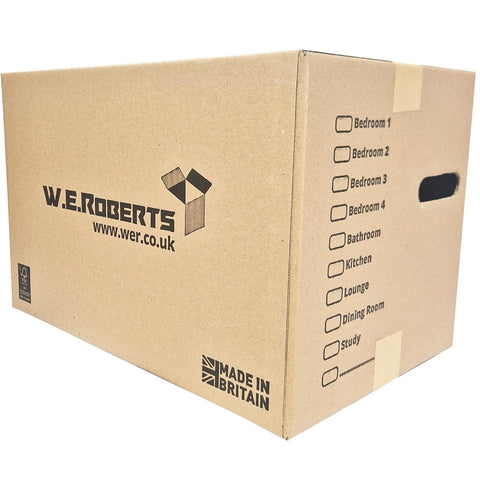 10 Strong Large Cardboard Storage Packing Moving House Boxes with Carry Handles and Room List – Ideal for Storage, Moving, and Packing 18" x 11" x 11" internal. Made in the UK